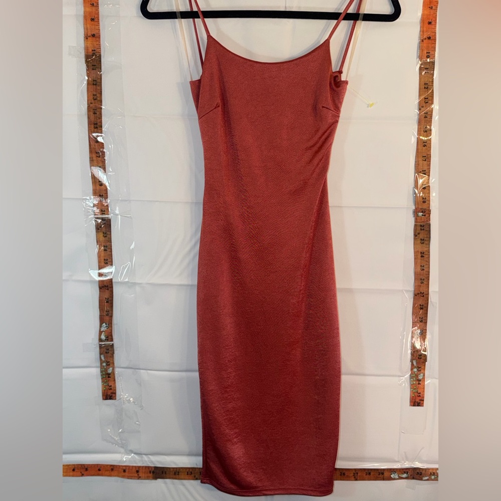 Windsor Satin Rust Bodycon Midi Dress S | Lace-Up Back Strappy Slip Dress - Picture 2 of 5